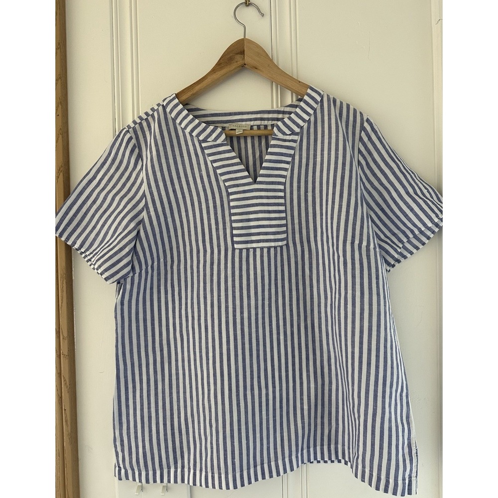 Talbots Blue White Striped Linen Blend Split Neck Tunic Top Medium